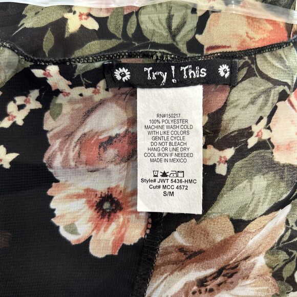 Try! This Women's S Kimono Blouse Black & Pink Floral Semi Sheer Cardigan - Picture 8 of 8